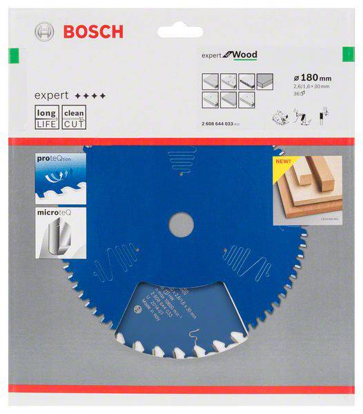 Pílový kotúč 'Bosch' na drevo, priemer 180 mm, 36 zubov. Modrá ochranná vrstva; text: 'expert', 'dlhá životnosť', 'čistý rez'.