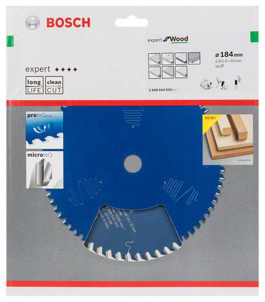 Pílový kotúč Bosch Expert pre drevo, priemer 184 mm. Zvýraznené vlastnosti: dlhá životnosť, čistý rez.