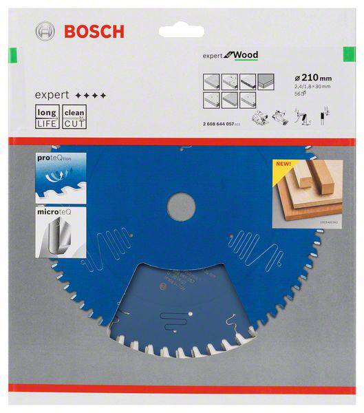 Kotúč pílového kotúča Bosch v balení s modrou čepeľou, vhodný na drevo. Priemer 210 mm, jemný a čistý rez.