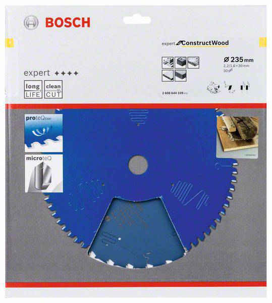 Balenie modrého pílového listu Bosch na drevo s priemerom 235 mm, vhodného pre trvanlivé a čisté rezy.