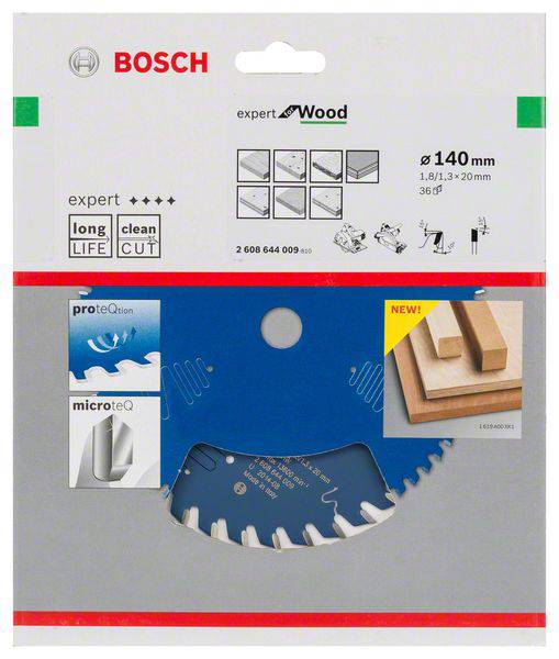 Balenie pre pílový list Bosch, vhodné na drevo, s priemerom 140 mm. Obsahuje symboly vypovedajúce o dlhej životnosti a čistých rezoch.