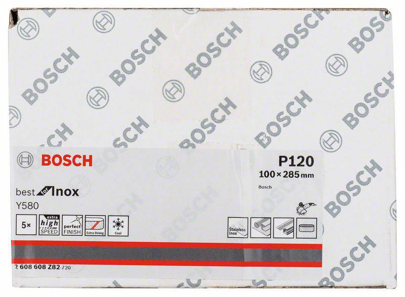 Balenie Bosch brúsneho papiera, zrnitosť P120, 100 x 285 mm, so symbolmi pre nehrdzavejúci materiál a vysokú rýchlosť.