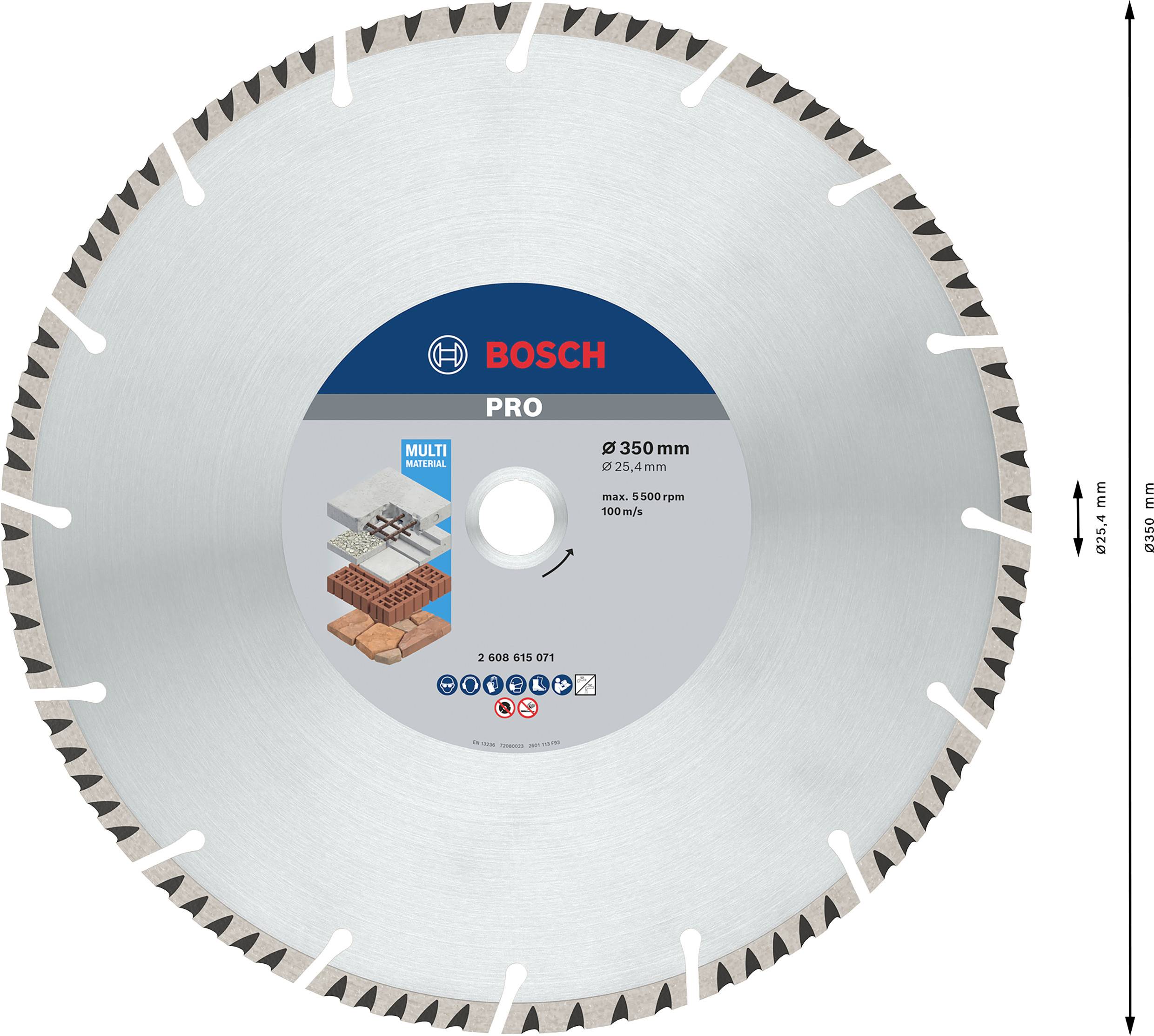 Diamantový rezný kotúč od Bosch pre profesionálne použitie, priemer 350 mm, vhodný na rezanie betónu, tehál a kameňa.