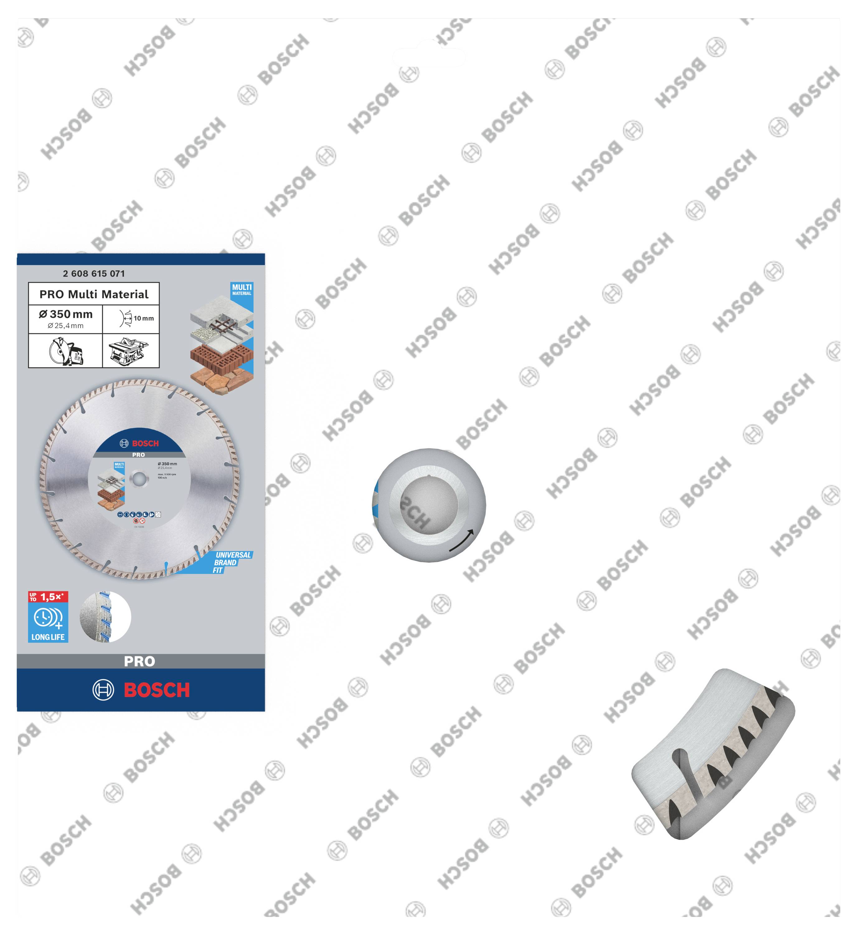 Balenie pílového kotúča Bosch PRO Multi Material, 305 mm. Zobrazuje pílový kotúč, obsiahnuté časti a grafiky materiálu.