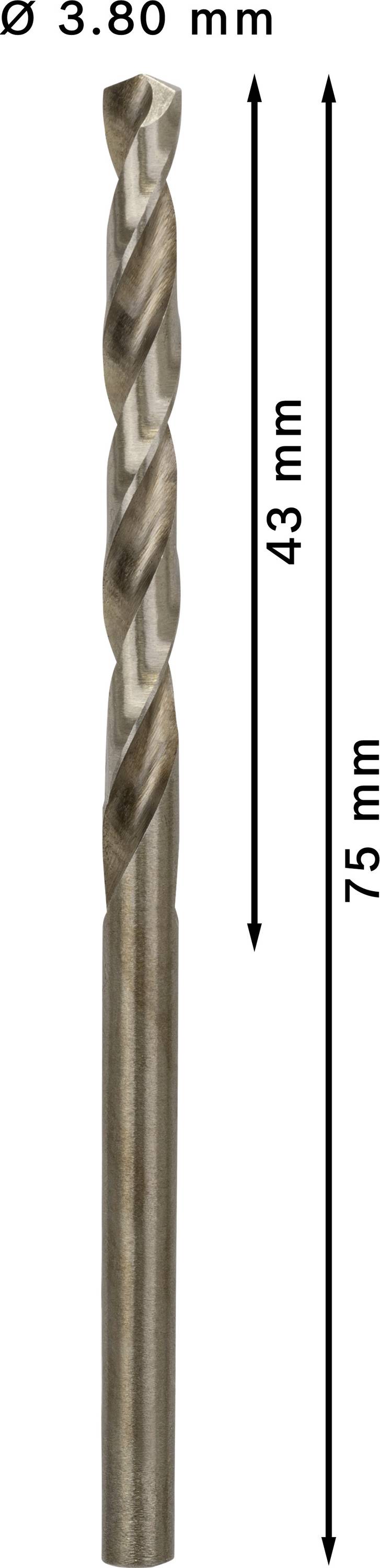 Vrták na kov, priemer 3,80 mm, dĺžka 75 mm, špirálová časť 43 mm. Vhodný na presné vŕtanie do kovových povrchov.