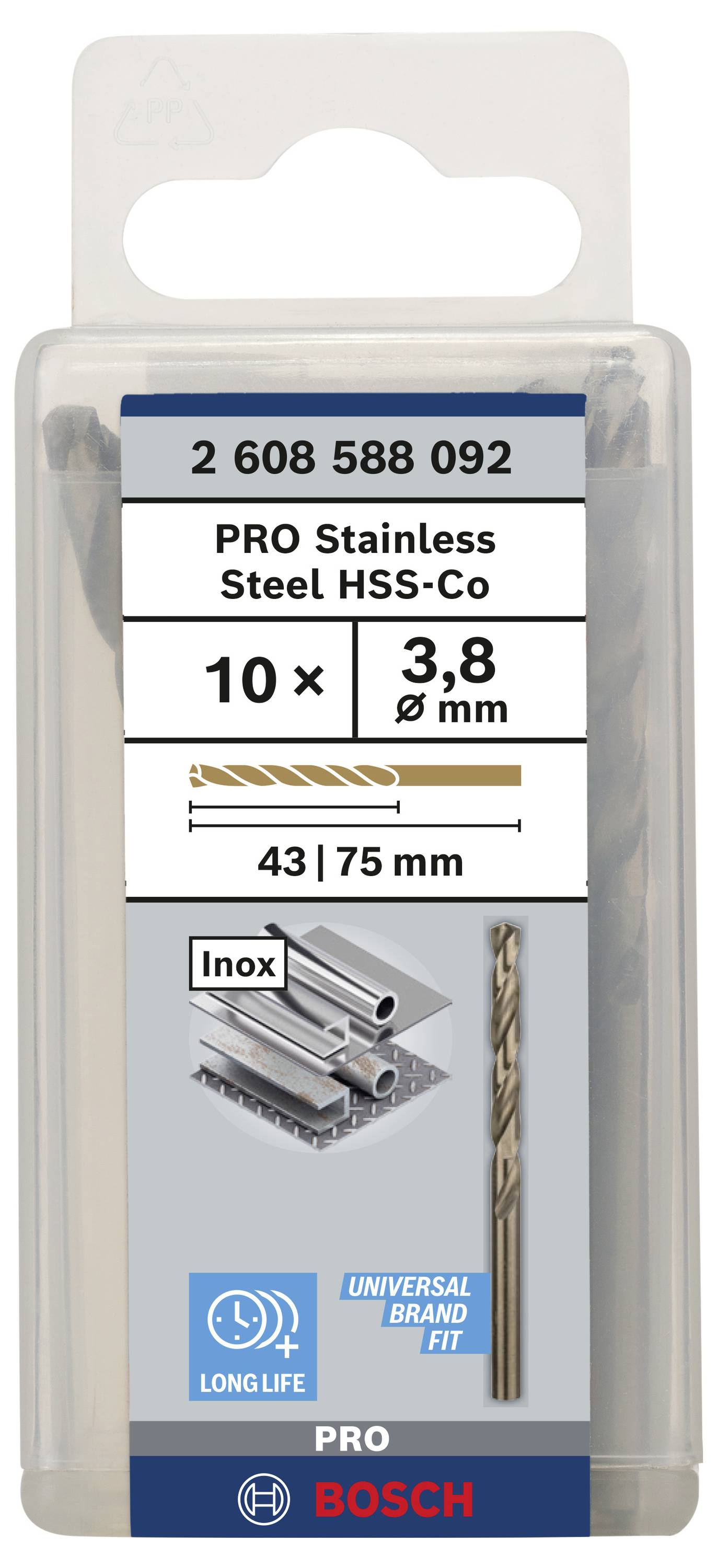Sada vrtákov pre nehrdzavejúcu oceľ 'PRO Stainless Steel HSS-Co', 10 kusov, priemer 3,8 mm, dĺžka 43/75 mm, značka Bosch.