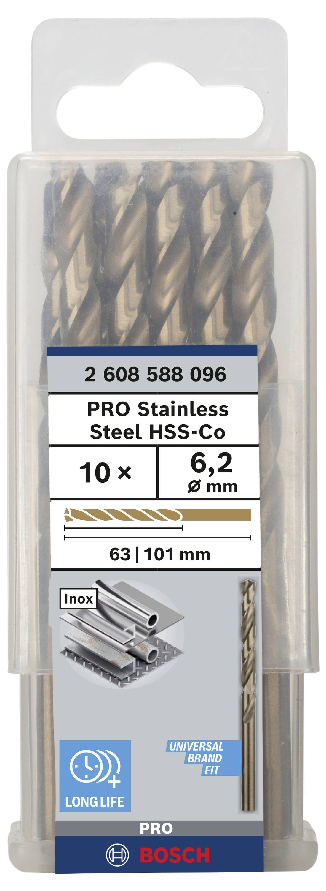 Sada kovových vrtákov Bosch s 10 kusmi. Veľkosť: 6,2 mm priemer, 101 mm dĺžka. Vhodné pre nehrdzavejúcu oceľ. Inox odolné.