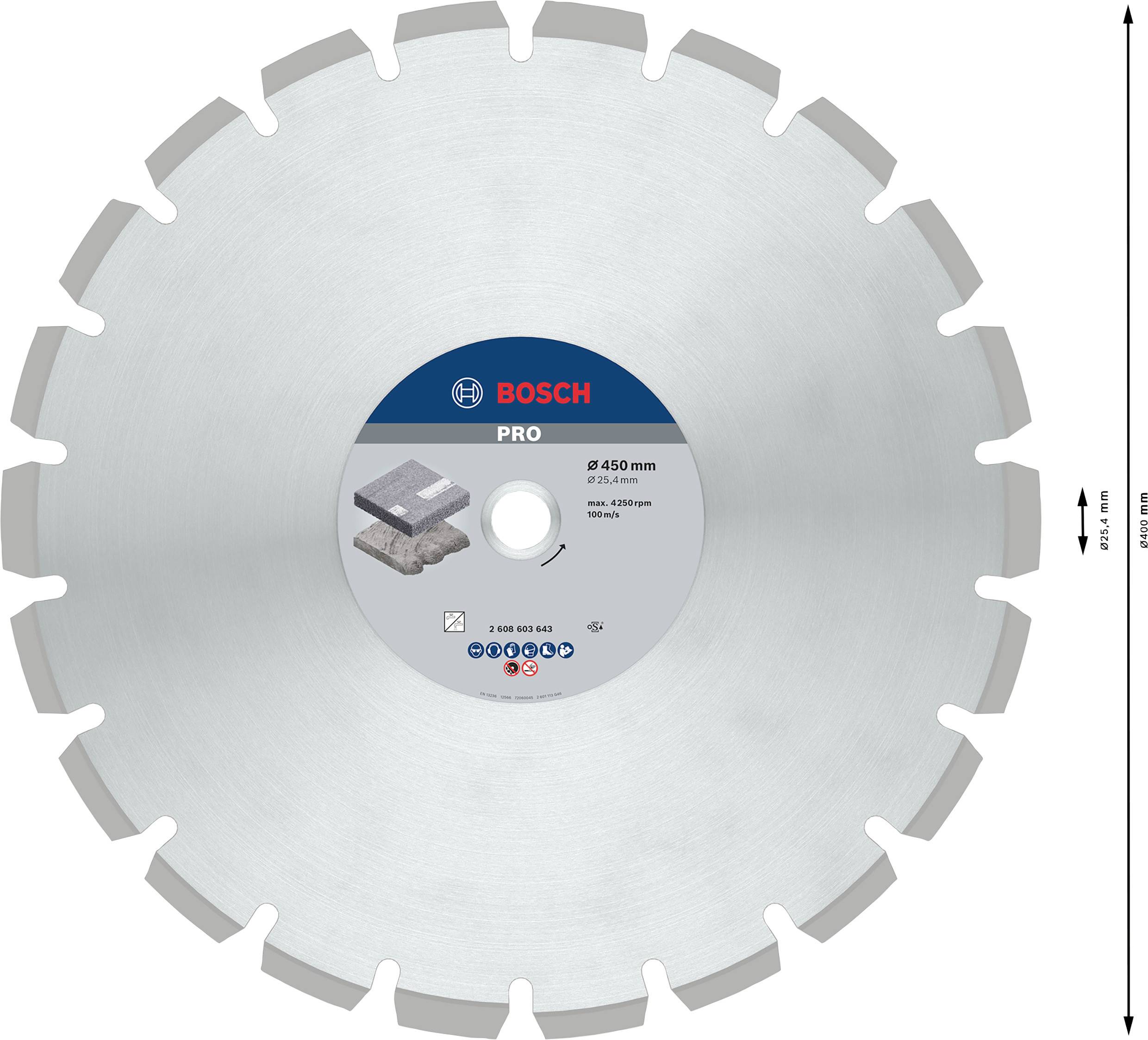Strieborný, okrúhly pílový kotúč s logom Bosch v strede. Priemer 450 mm. Vhodný na práce s betónom.