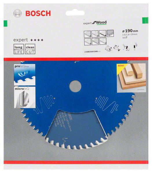 Obal pílového kotúča Bosch 'Expert for Wood', priemer 190 mm. Vhodný pre čisté rezy v drevených materiáloch.