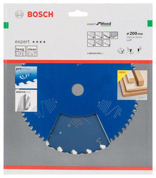 Balenie pílového kotúča Bosch 'expert for Wood' s priemerom 200 mm. Vhodný na drevo, dlhodobo použiteľný, presný rez.