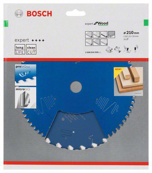 Modrý obal pílového listu Bosch, vhodný pre drevo. Priemer 210 mm a 30 zubov. Vyzdvihnuté vlastnosti: dlhá životnosť, čistý rez.