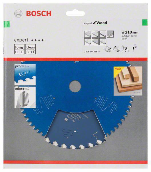 'Bosch Expert kotúč na rezanie dreva, Ø 210 mm, dlhá životnosť, čisté rezy, vhodný pre rôzne druhy dreva. Obal zobrazuje podrobnosti ochranných vrstiev a špecifických vlastností.'
