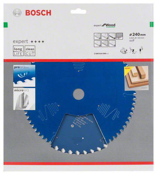 'Bosch Expert for Wood' pílový list, priemer 240 mm, vhodný pre čisté rezy do dreva, s dlhotrvajúcou kvalitou.