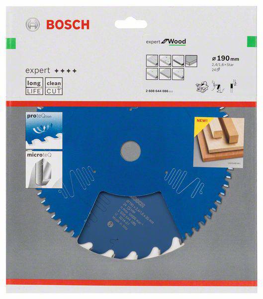 Obal Bosch s modrým pílnym listom na drevo. Charakteristiky produktu: trvanlivý, presný rez, priemer 190 mm.