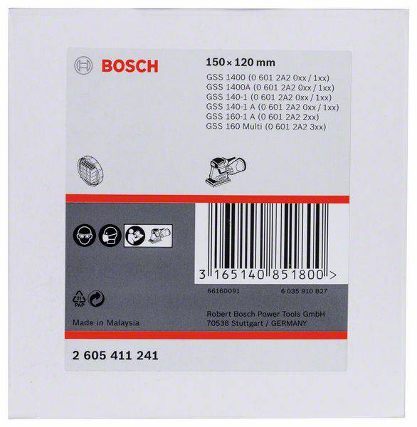 Etiketa na obale Bosch s obrázkom brúsneho zariadenia. Obsahuje číslo modelu a čiarový kód. Výrobca: Robert Bosch Power Tools GmbH, Stuttgart, Nemecko.