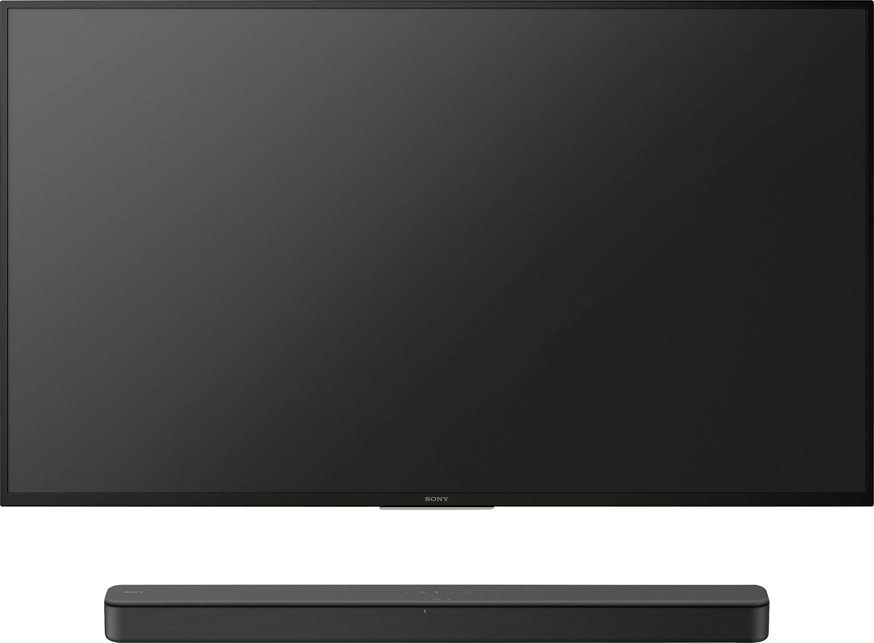 Plochý televízor s čiernym soundbarom pod ním, pred bielym pozadím.