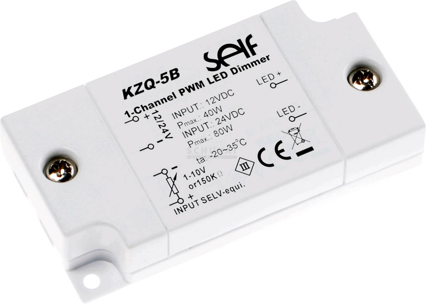 1-kanálový PWM LED stmievač, model KZQ-5B, pre 12-24V. Maximálny vstupný výkon: 40W pri 12V, 80W pri 24V. Prevádzkový rozsah: -20 až 35°C.
