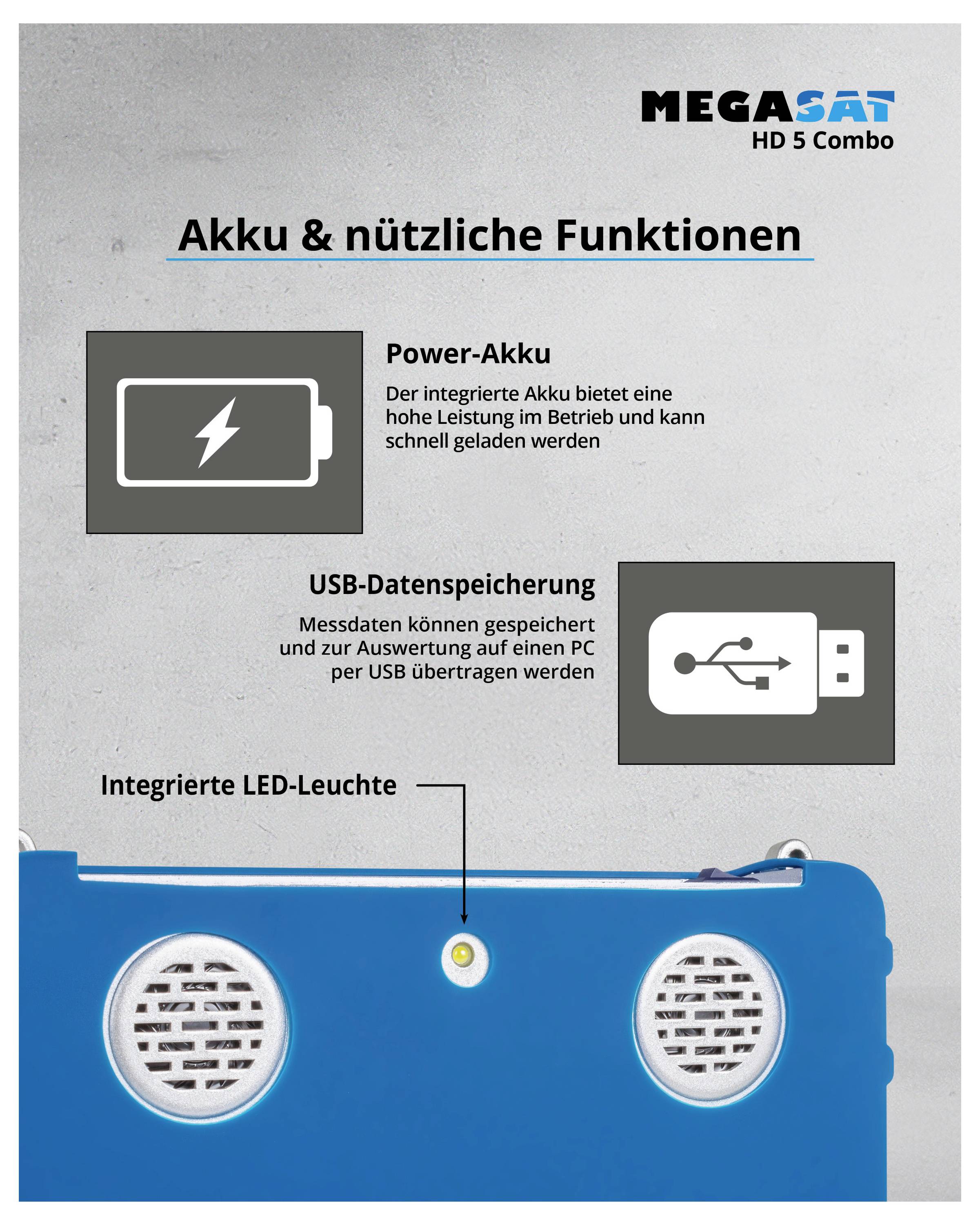 Informačná tabuľa 'Megasat HD 5 Combo': Popisuje sa akumulátor a užitočné funkcie. Zdôrazňuje sa integrovaný napájací akumulátor, USB úložisko dát a LED svetlo.