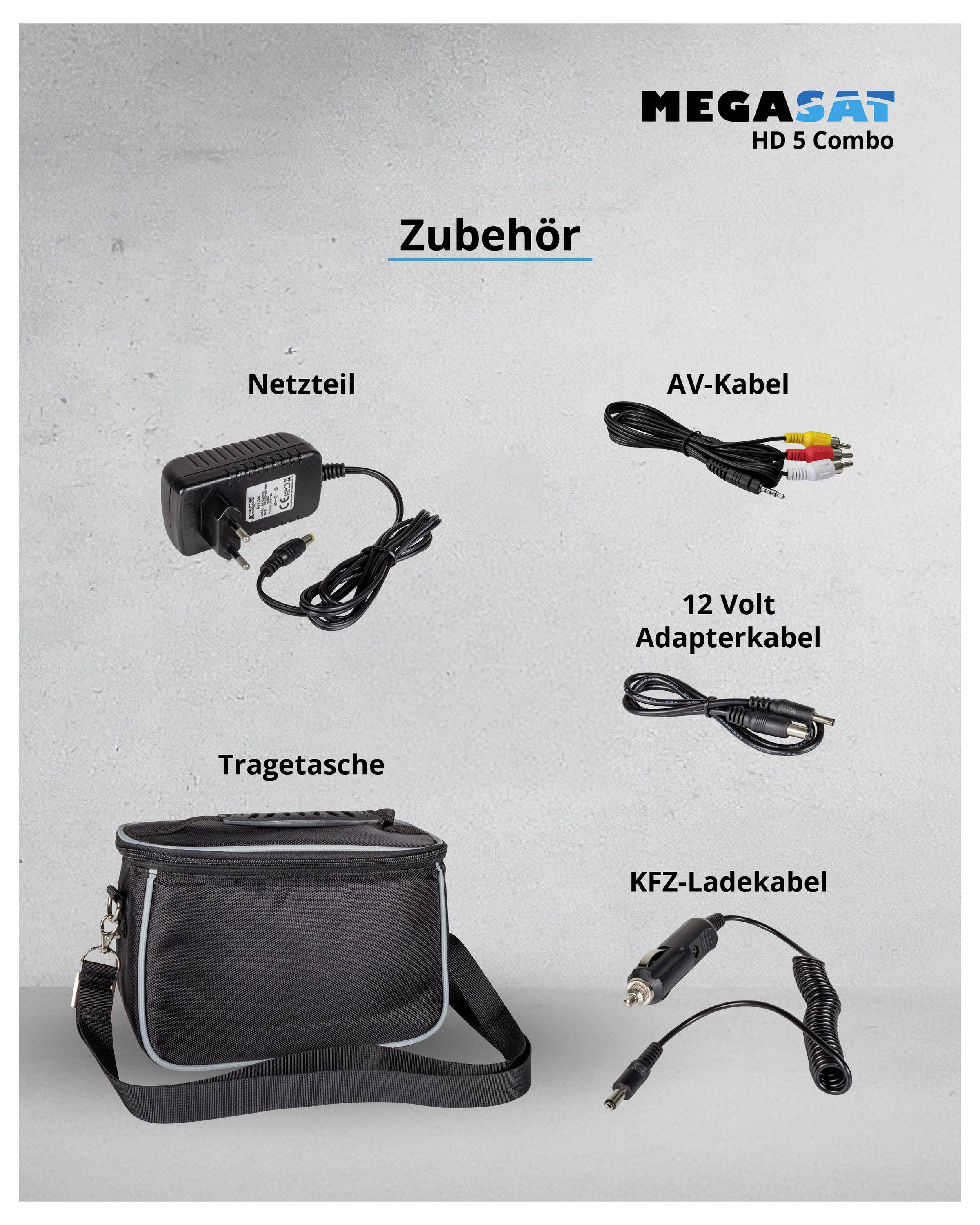 Zoznam príslušenstva: Napájací zdroj, AV kábel, 12-voltový adaptérový kábel, prepravná taška, nabíjací kábel do auta. Logo 'Megasat HD 5 Combo' v pravom hornom rohu.