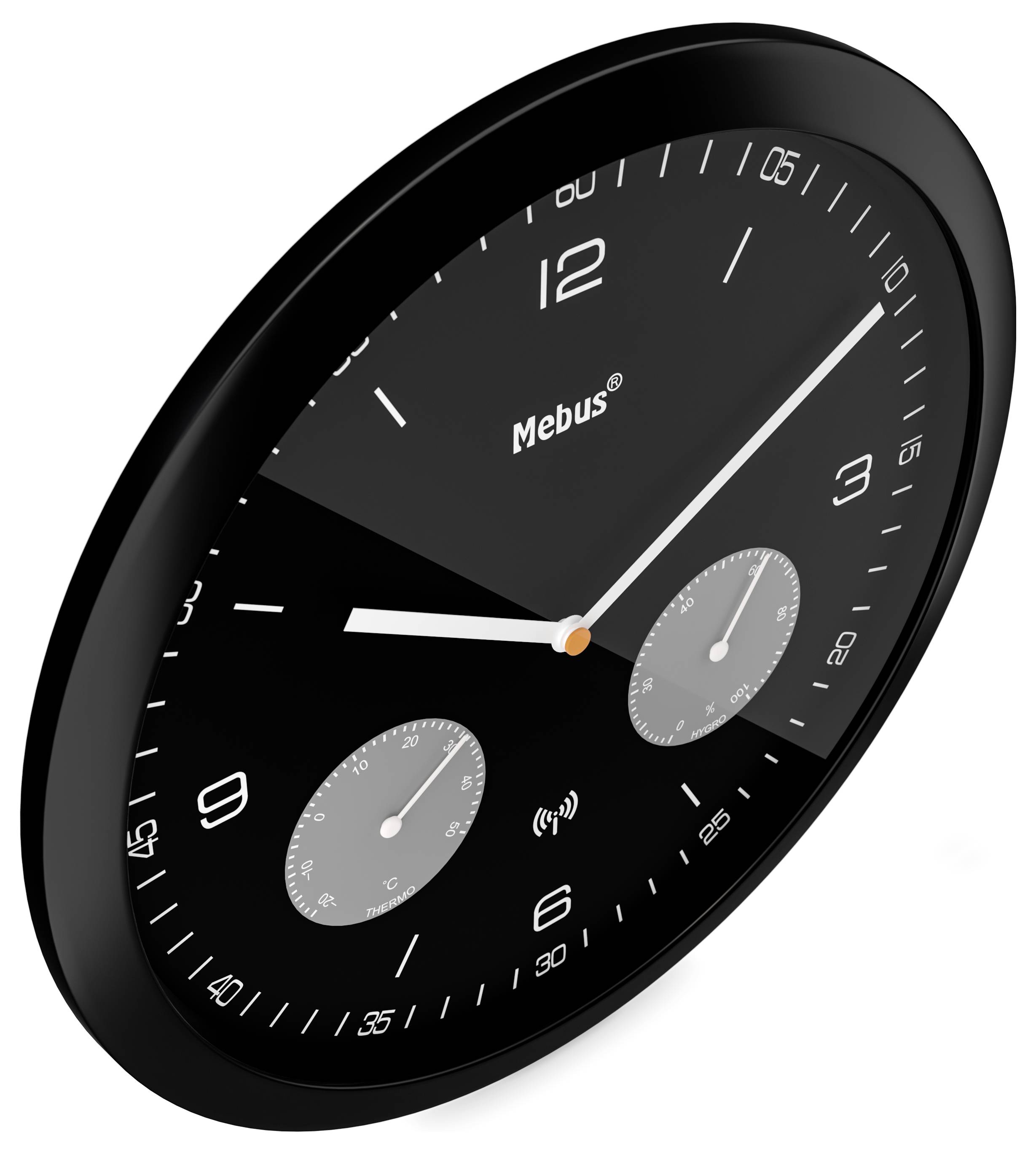 Elegantné, čierne nástenné hodiny s bielymi hodinovými a minútovými ručičkami s dvoma menšími ciferníkmi na číselníku, ktoré zobrazujú časové značky.