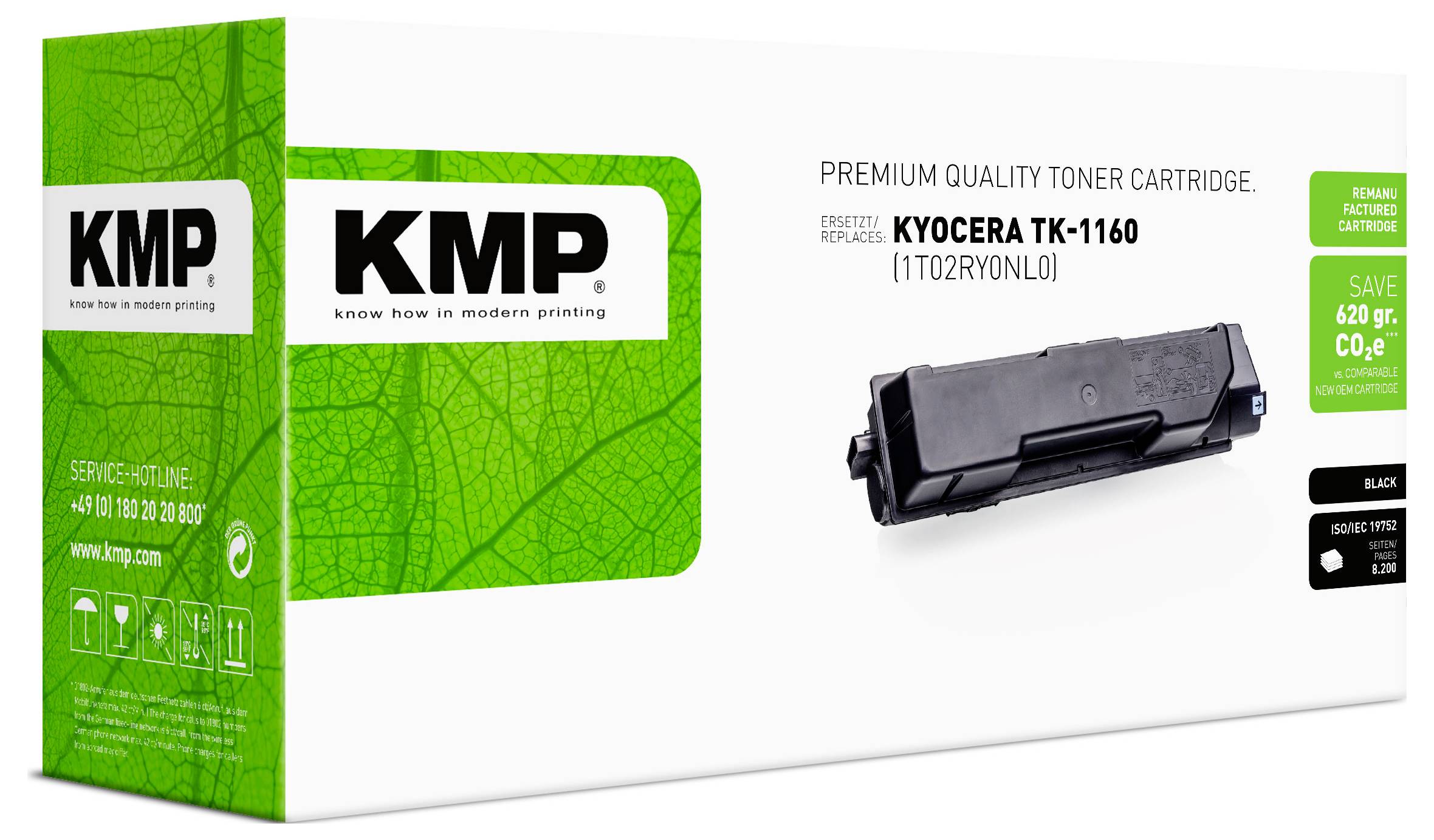 Prémiová tonerová kazeta KMP pre Kyoceru TK-1160, zobrazená v zeleno-bielom balení s obrázkom kazety a tvrdením o úsporách.