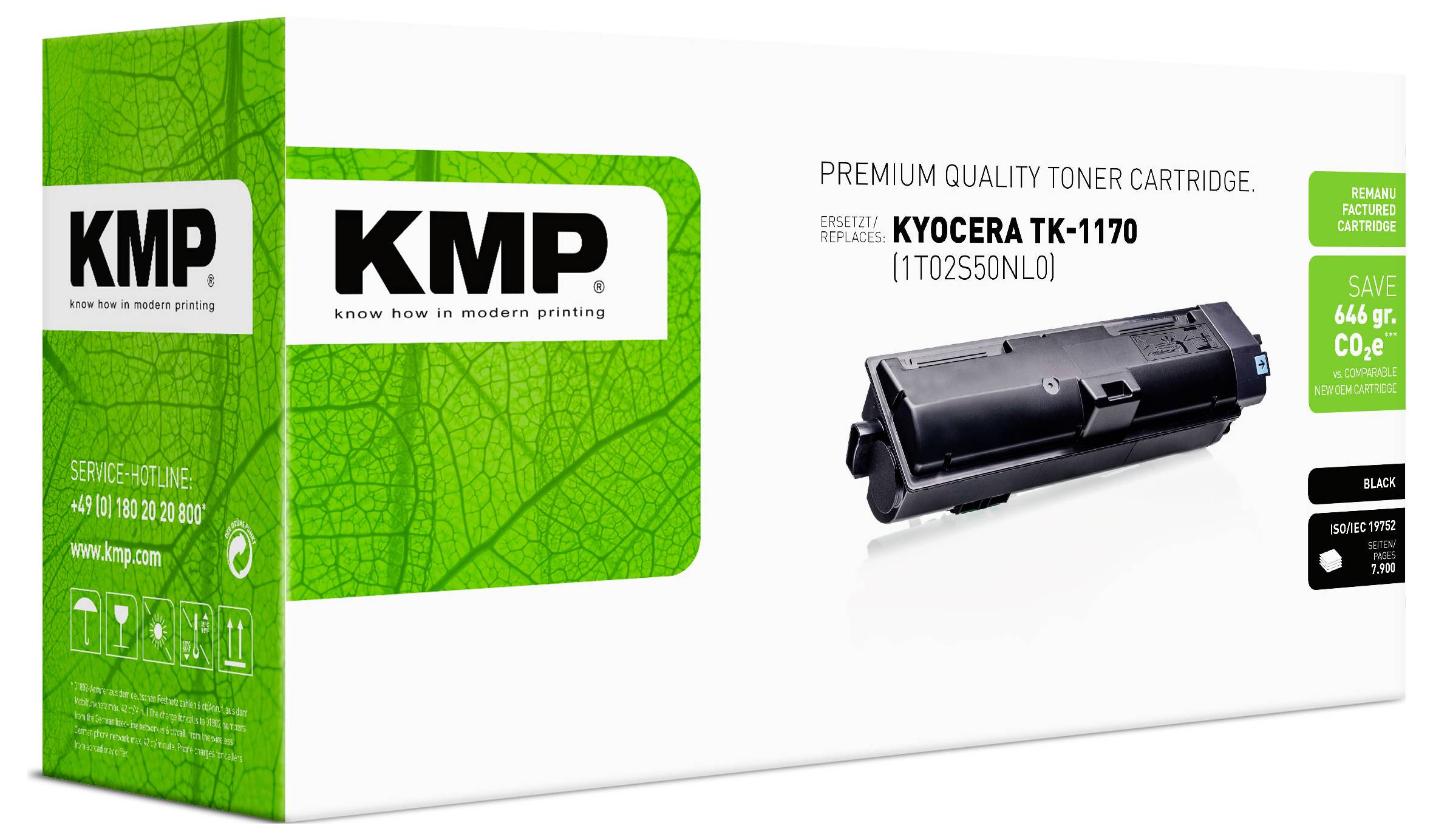 Toner kazeta KMP prémiovej kvality pre Kyocera TK-1170, zobrazená na bielom balení s obrázkom čiernej tonernej kazety a zeleným značením.