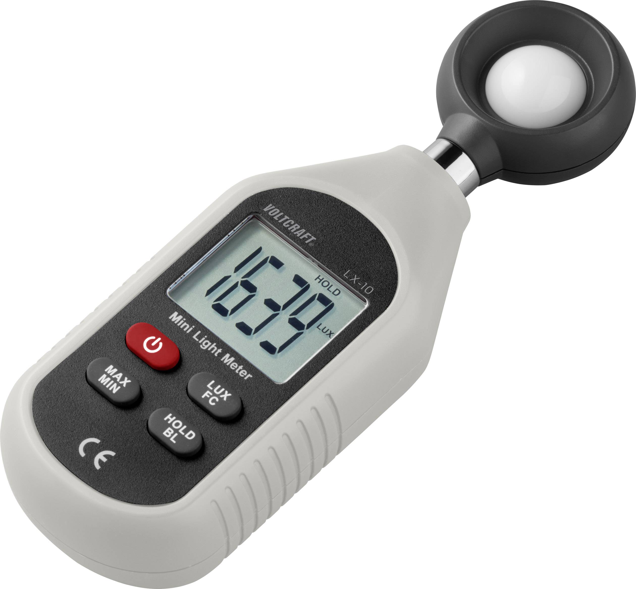 Digitálny luxmeter s displejom zobrazuje '1639 lux'. Zariadenie je sivej farby a má tlačidlá na meranie a ukladanie nameraných hodnôt.