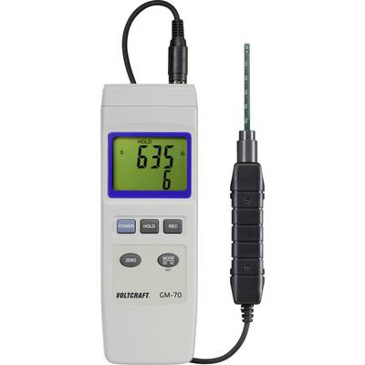 Prenosný anemometer, na displeji zobrazuje 6,35. Obsahuje tlačidlá pre napájanie, podržanie, režim a nulovanie. Pripojený s káblom a meracou sondou.
