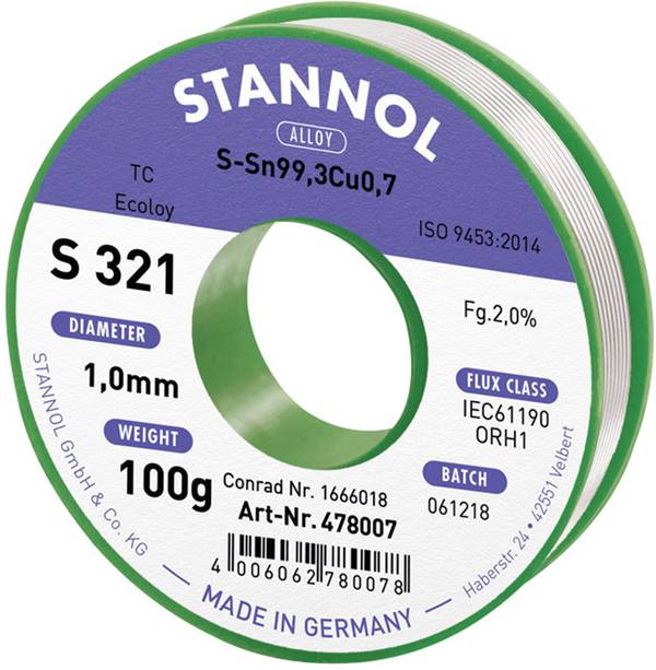 Stannol S321 2,0% 1,0MM SN99,3CU0,7CD 100G spájkovací cín bez olova bez olova, cievka Sn99,3Cu0,7 ORH1 100 g 1 mm