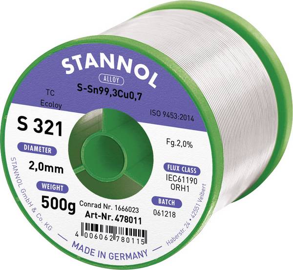 Stannol S321 2,0% 2,0MM SN99,3CU0,7CD 500G spájkovací cín bez olova bez olova, cievka Sn99,3Cu0,7 ORH1 500 g 2 mm