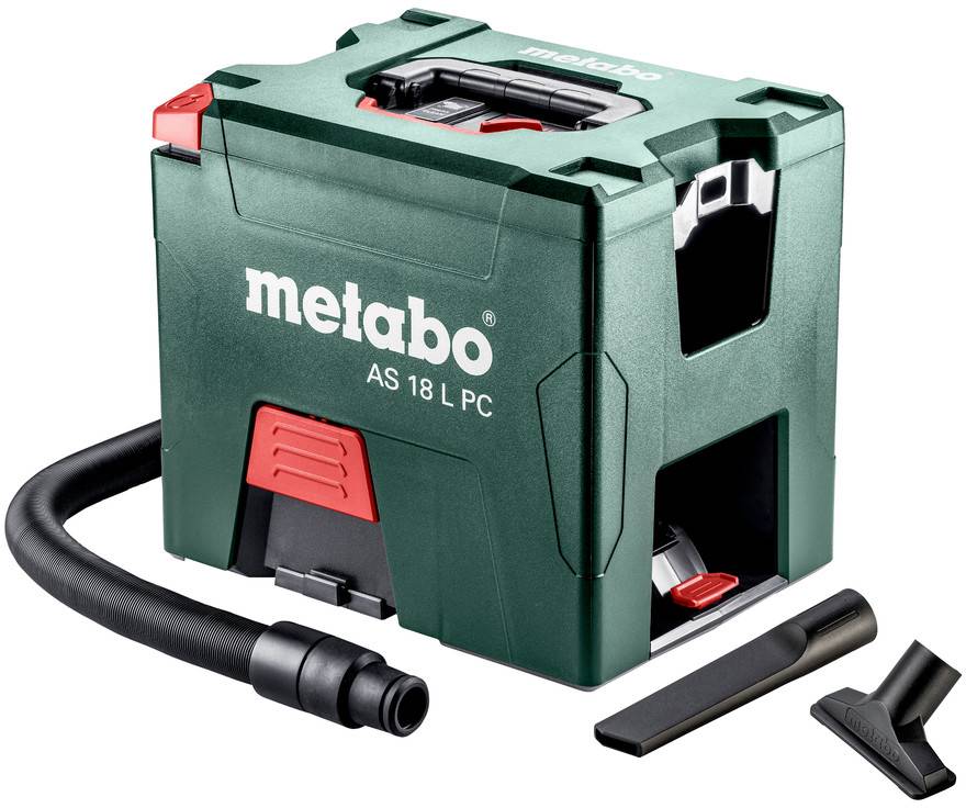Metabo AS 18 L PC bezdrôtový vysávač s hadicou, predlžovacími rúrkami a podlahovým hubicou na bielom pozadí.