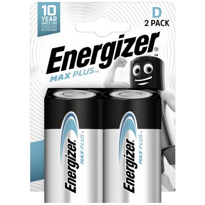Dve batérie 'Energizer Max Plus' v balení po dvoch. Obal zdôrazňuje 10-ročnú trvanlivosť. Maskotná postava sa usmieva v pozadí.