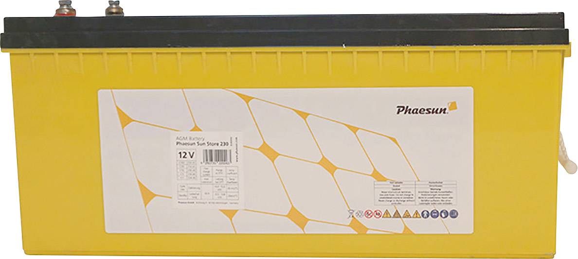 Žltá 12V batéria s čiernym krytom od spoločnosti Phaesun, model 'Phaesun Sun Store 230'. Etiketa zobrazuje špecifikácie a technické symboly.