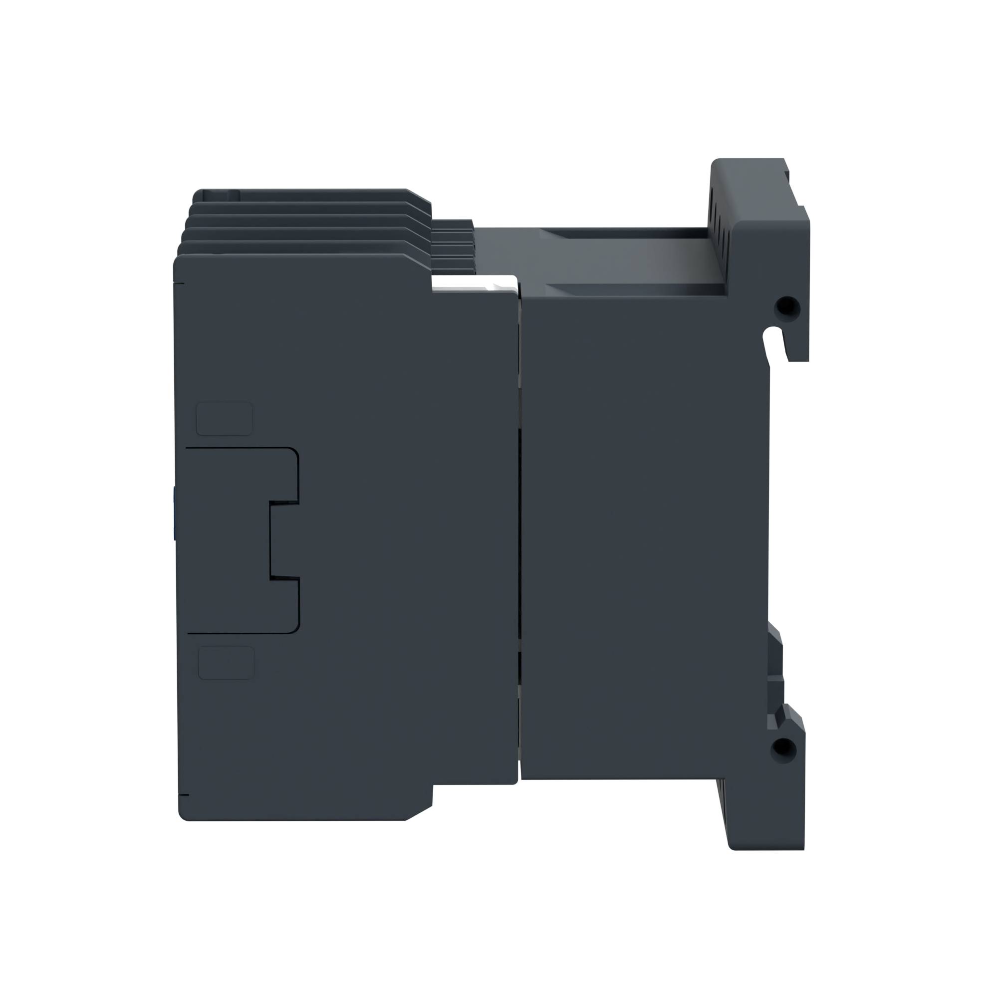 Priemyselný elektronický modul v bočnom pohľade, tmavosivý, s otvormi pre vreckovú zámku.