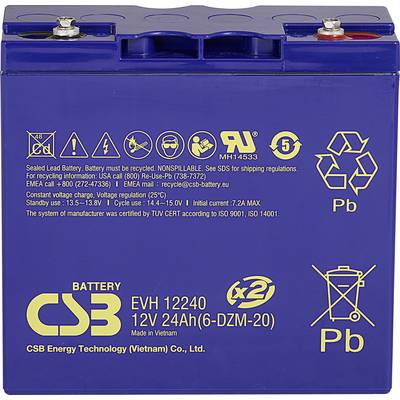 Modrá batéria so symbolmi a textami o bezpečnosti a špecifikáciách. Výrobca: CSB Energy Technology. 12V, 24Ah, olovená.