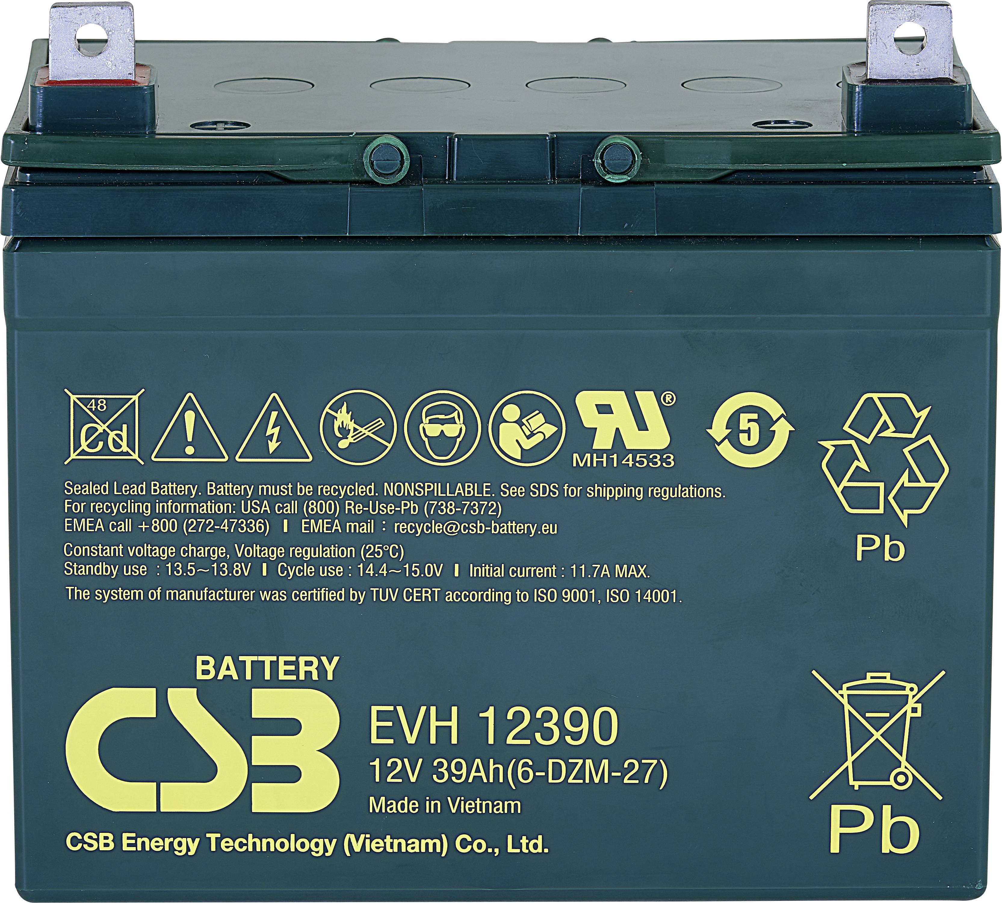 Zelená batéria s bielymi symbolmi a textami, zobrazuje 12V, kapacita 39Ah, model EVH 12390, vyrobená vo Vietname. Symboly pre recykláciu a bezpečnostné opatrenia.