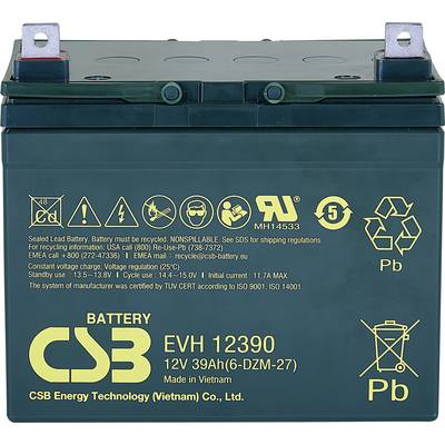 Zelená batéria s bielymi symbolmi a textami, zobrazuje 12V, kapacita 39Ah, model EVH 12390, vyrobená vo Vietname. Symboly pre recykláciu a bezpečnostné opatrenia.