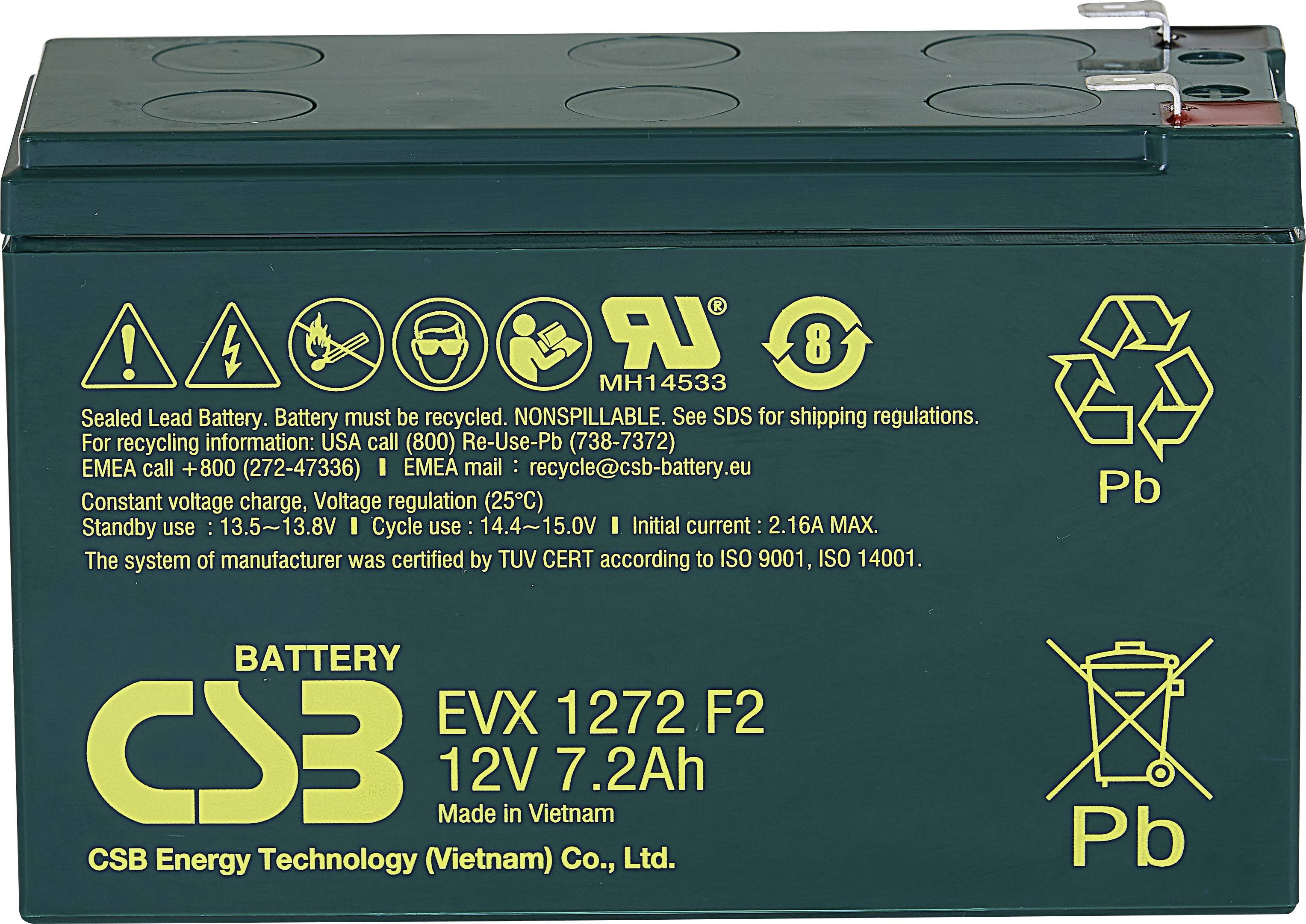 Olovený akumulátor EVX 1272 F2, 12V, 7.2Ah. Symboly recyklácie a výrobné poznámky na povrchu. Dizajnovo stvárnený v zelenej farbe.
