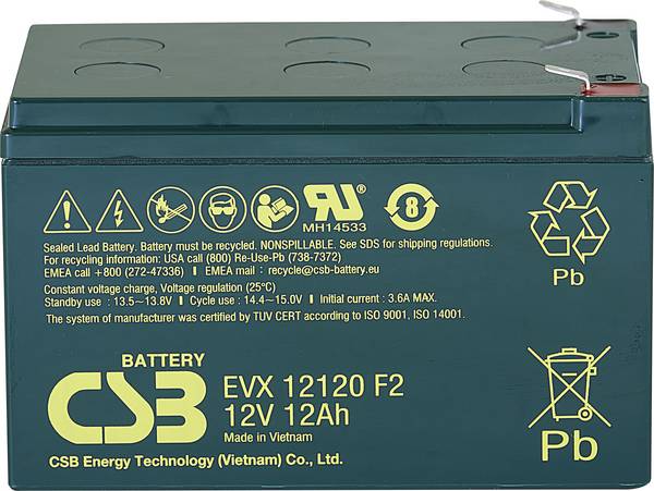 CSB Battery EVX 12120 EVX12120F2 olovený akumulátor 12 V 12 Ah olovený so skleneným rúnom (š x v x h) 151 x 100 x 98 mm plochý konektor 6,35 mm  odolné proti viacerým cyklom, bezúdržbová, nebadateľné vybíjanie