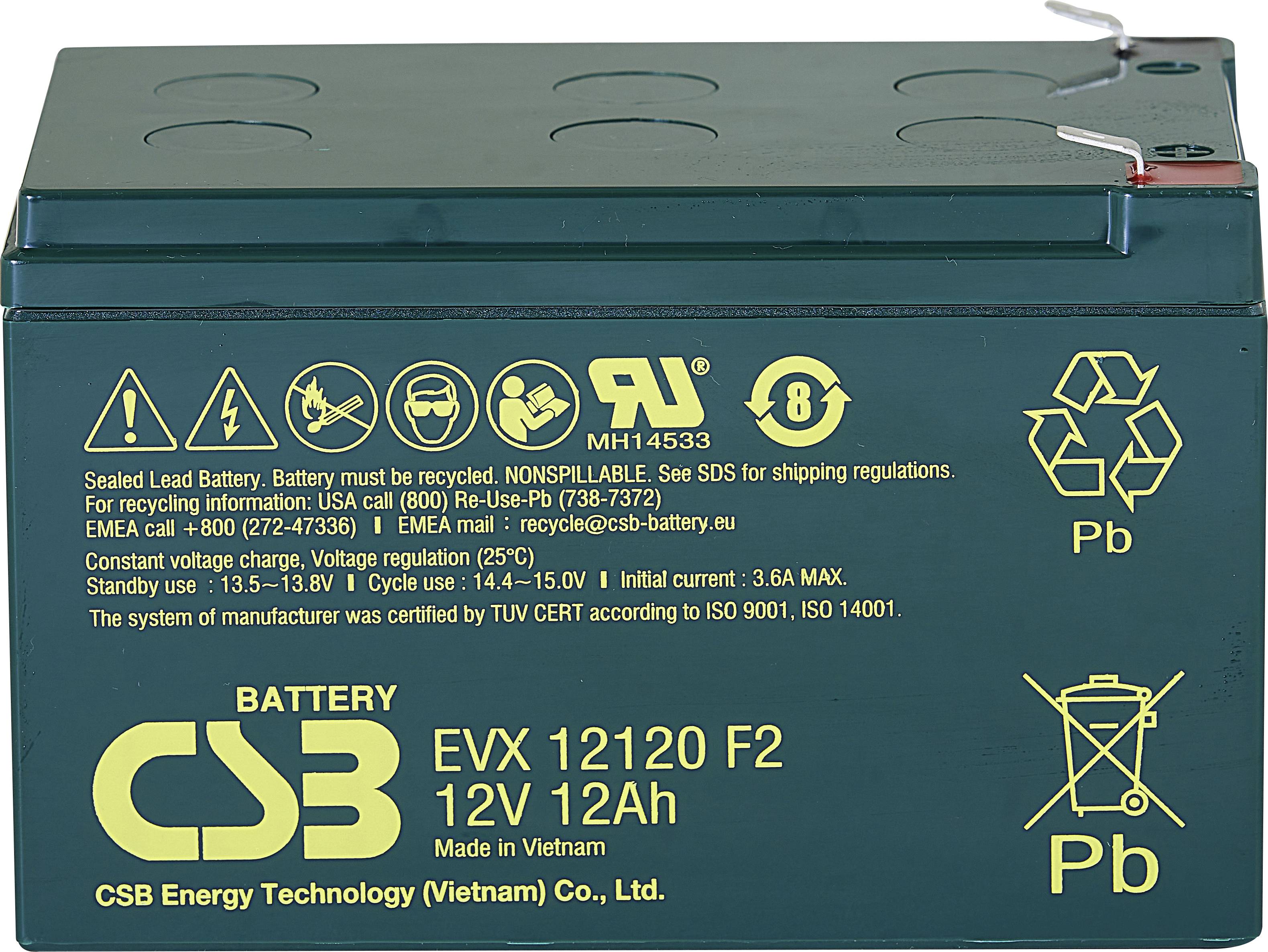 Olovený akumulátor s vytlačenými technickými špecifikáciami a symbolmi. Kapacita: 12V, 12Ah. Výrobca: CSB Energy Technology Vietnam.