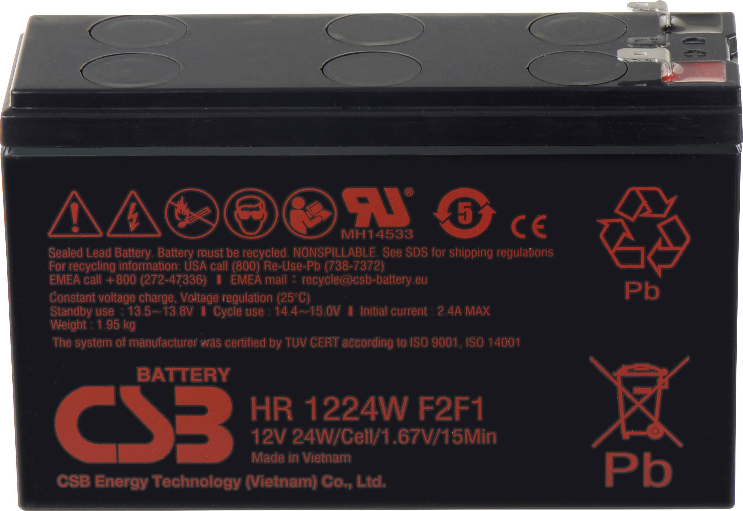 Čierna zapečatená olovená batéria s označením "CSB Battery HR 1224W F2F1" s vyznačením napätia 12V a kapacity 24W. Sú zobrazené bezpečnostné symboly.