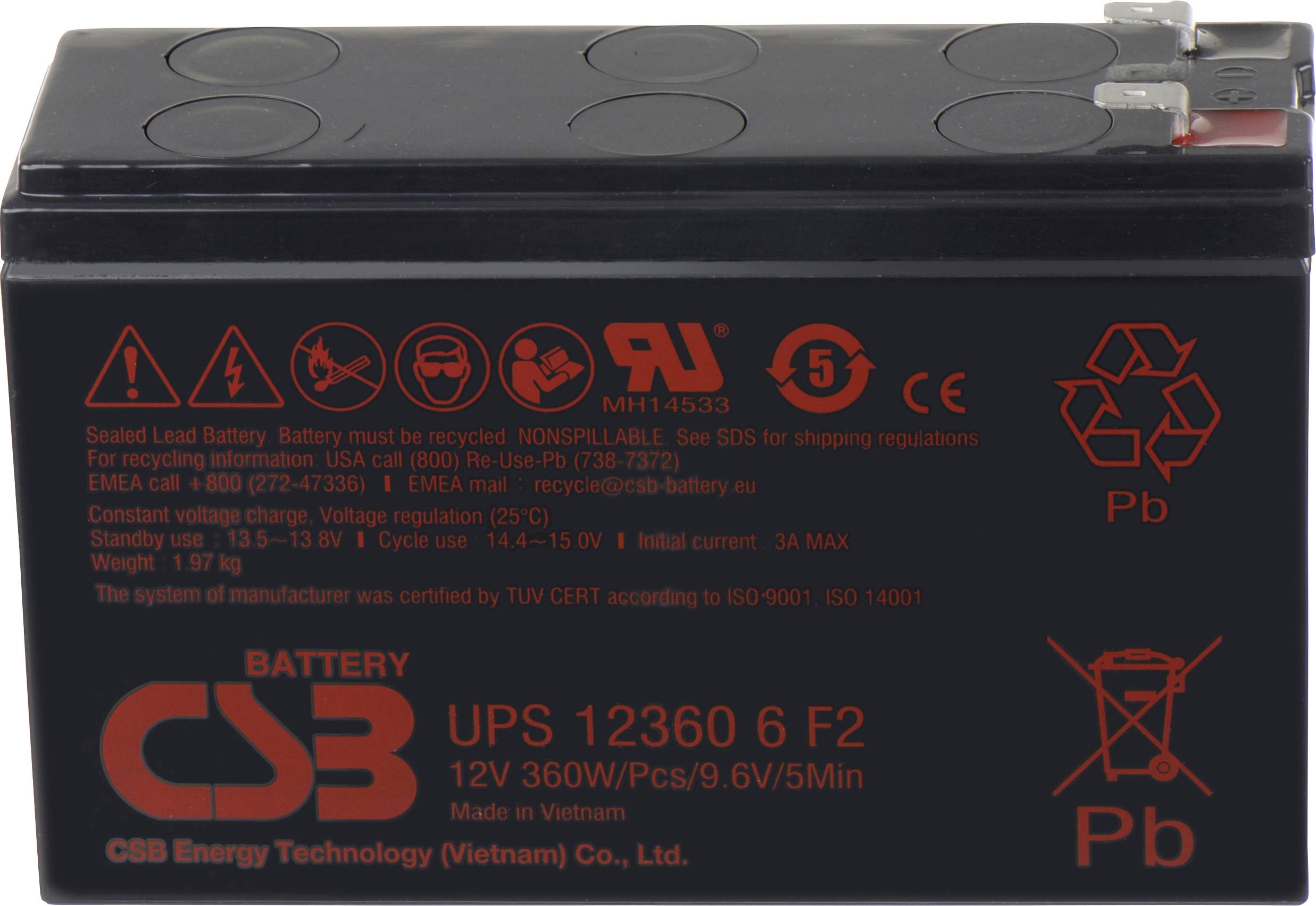 Uzavretá olovená batéria s modelom UPS 12360 6 F2. Špecifikácie: 12V, 360W/Ks/9.6V/5Min, 1,97 kg. Vyrobená vo Vietname spoločnosťou CSB.