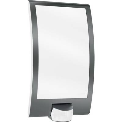 Moderná pohybová senzorová lampa so zakrivným dizajnom v sivej farbe, vhodná do exteriéru na automatické osvetlenie.