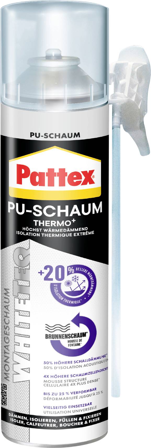 Pattex PU-SCHAUM THERMO+ spreja peny v sprejovej nádobe s aplikačnou hubicou, označená "Montageschaum" a "Niedrigtreibgas".