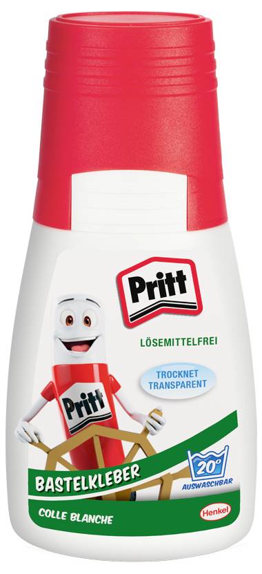 Fľaša lepidla Pritt so šťastnou kreslenom postavičkou na etikete, zvýrazňujúca vlastnosti „bez rozpúšťadiel" a „schnúce do priesvitnosta".