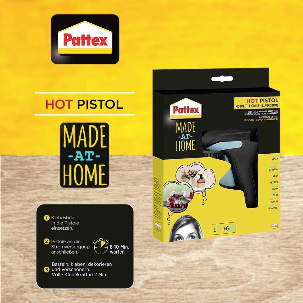 Obal lepiacej pištole 'Pattex Hot Pistol' so žltým pozadím. Návod zobrazuje pripojenie, zahrievanie po dobu 8-10 minút. Funkcie: tvorenie ručných prác, dekorovanie.