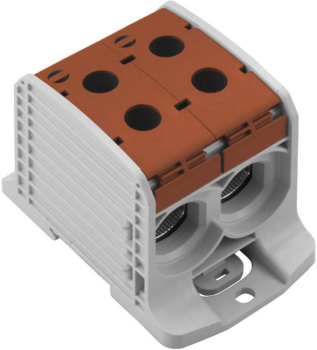Dvojradový elektrický pripájací blok bielo-sivej farby s hnedým krytom a viacerými otvormi na pripojenie káblov.