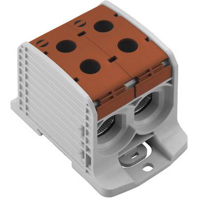 Dvojradový elektrický pripájací blok bielo-sivej farby s hnedým krytom a viacerými otvormi na pripojenie káblov.