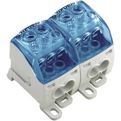 Dvojpólový elektrický svorkovnicový blok s modrými, priehľadnými krytmi na bezpečné pripojenie elektrických vodičov.