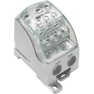 Sivý elektrický konektor s priehľadným krytom a viacerými pripájacími svorkami, označený nápisom 'WPD108'.
